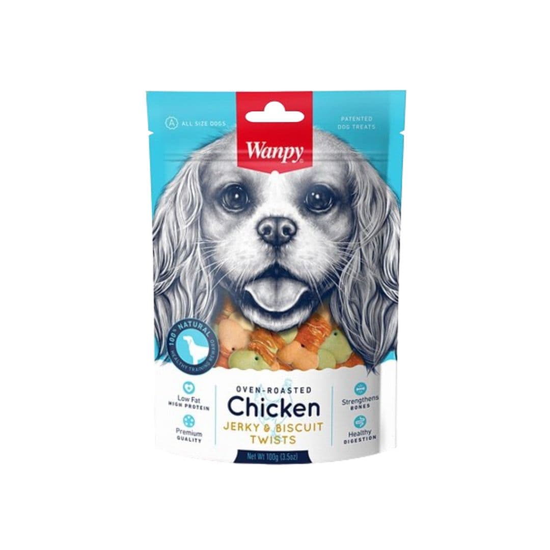 Wanpy Oven Rosated Chicken Jerky & Biscuit Twists 100g Pack
